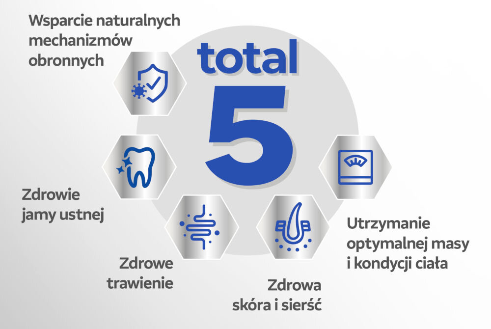 Karma dla psa PERFECT FIT Senior 10+ Kurczak 825 g: Infografika Total 5 przedstawiająca pięć głównych korzyści karmy: Wsparcie naturalnych mechanizmów obronnych, Zdrowie jamy ustnej, Zdrowe trawienie, Zdrowa skóra i sierść oraz Utrzymanie optymalnej masy i kondycji ciała.
