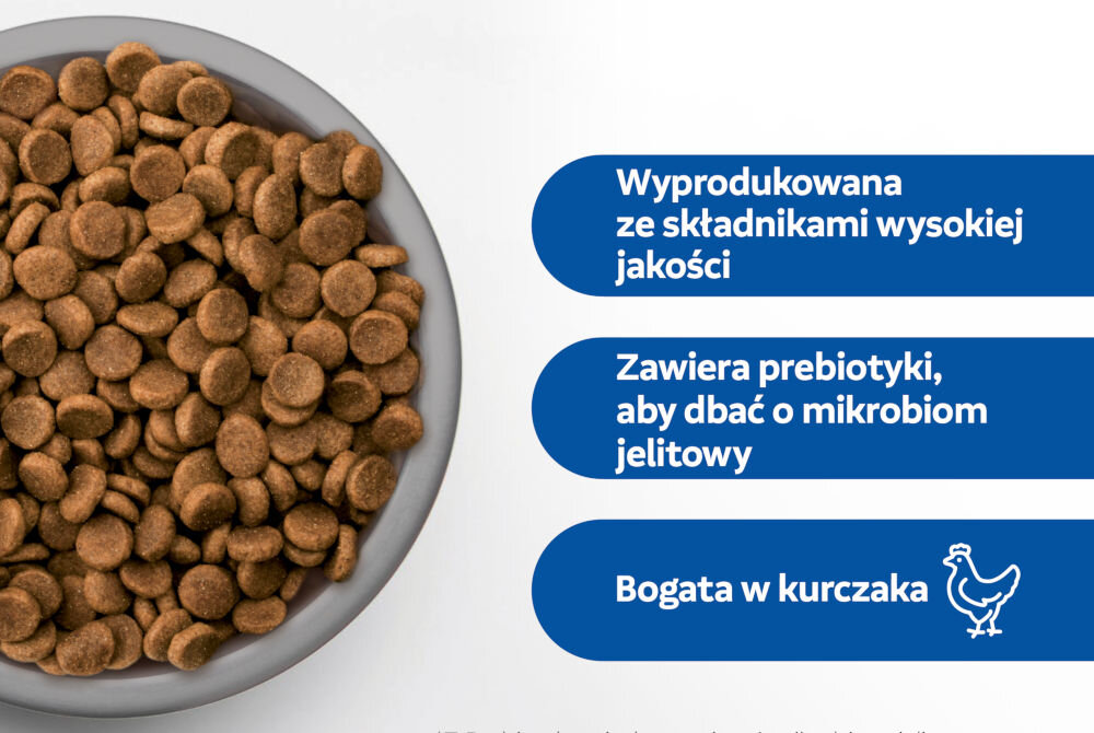 Karma dla psa PERFECT FIT Senior 10+ Kurczak 825 g Srebrna miska wypełniona suchą karmą dla psa w kształcie krążków. Obok wypisane korzyści: Wyprodukowana ze składnikami wysokiej jakości, Zawiera prebiotyki, aby dbać o mikrobiom jelitowy, Bogata w kurczaka.
