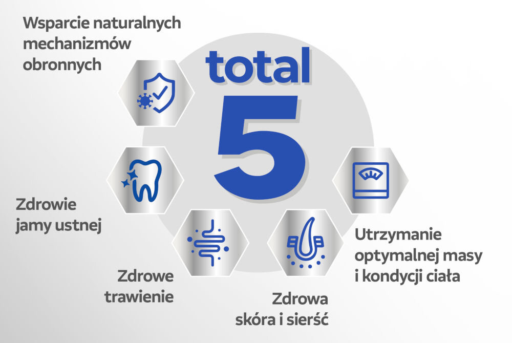 Karma dla psa PERFECT FIT Adult 1+ Kurczak 2.6 kg: Infografika Total 5 przedstawiająca pięć głównych korzyści karmy: Wsparcie naturalnych mechanizmów obronnych, Zdrowie jamy ustnej, Zdrowe trawienie, Zdrowa skóra i sierść oraz Utrzymanie optymalnej masy i kondycji ciała.
