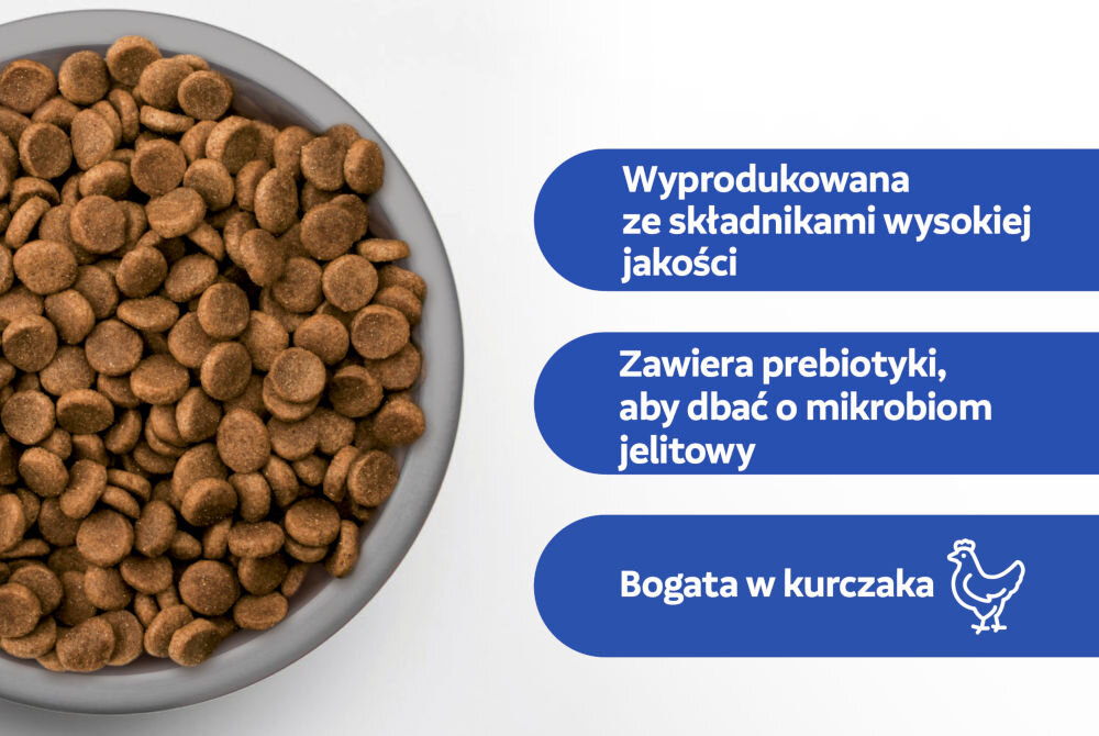 Karma dla psa PERFECT FIT Adult 1+ Kurczak 2.6 kg Srebrna miska wypełniona suchą karmą dla psa w kształcie krążków. Obok wypisane korzyści: Wyprodukowana ze składnikami wysokiej jakości, Zawiera prebiotyki, aby dbać o mikrobiom jelitowy, Bogata w kurczaka.
