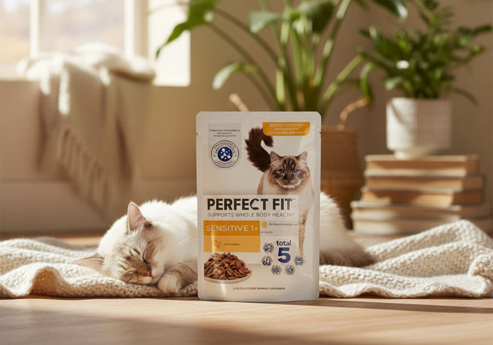 Karma dla kota PERFECT FIT Sensitive 1+ Kurczak w sosie 85 g kot rasy Ragdoll lub podobnej, o puszystej, jasnej sierści, śpi na jasnym dzianinowym kocu, rozłożonym na drewnianej podłodze w słonecznym salonie. Przed kotem stoi opakowanie karmy dla kotów Perfect Fit Sensitive 1+ (wariant mokry), widoczne są też doniczkowe rośliny i książki w tle.