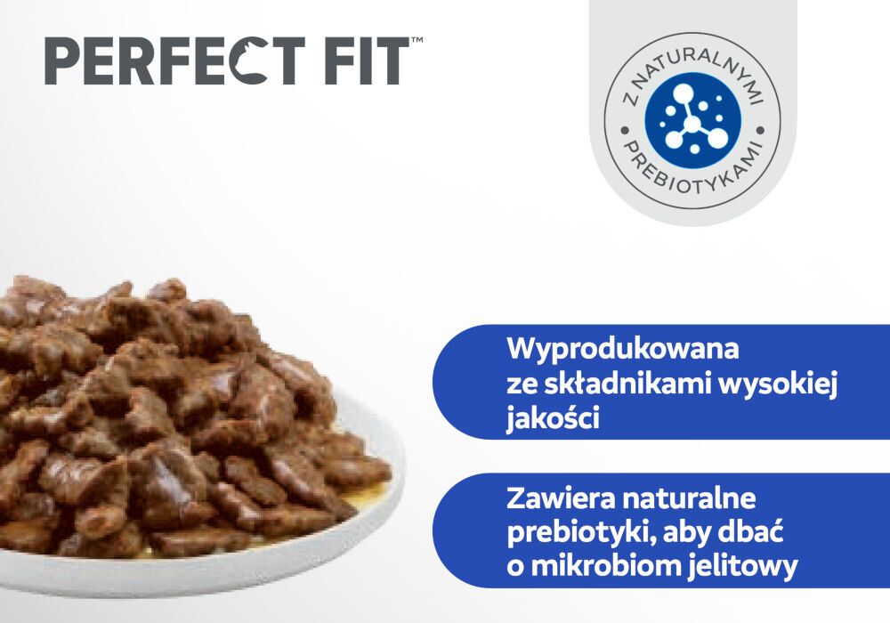 Karma dla kota PERFECT FIT Sensitive 1+ Kurczak w sosie 85 g Grafika promocyjna karmy Perfect Fit. Po lewej stronie widoczne jest zbliżenie na kawałki karmy mokrej w sosie. Po prawej, na tle koloru niebieskiego, znajdują się punkty: Wyprodukowana ze składnikami wysokiej jakości oraz Zawiera naturalne prebiotyki, aby dbać o mikrobiom jelitowy. W prawym górnym rogu znajduje się okrągła pieczątka: Z NATURALNYMI PREBIOTYKAMI