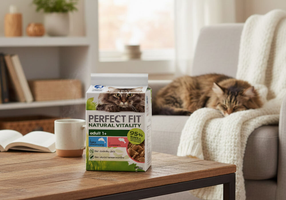 Karma dla kota PERFECT FIT Adult 1+ Ryba oceaniczna z łososiem (6 x 50 g) Zdjęcie w ciepłym, domowym otoczeniu. Na drewnianym stoliku w salonie stoi opakowanie karmy suchej Perfect Fit Natural Vitality Adult 1+ (wariant z łososiem). W tle na fotelu śpi brązowo-pasiasty, długowłosy kot. Obok karmy na stoliku leży otwarta książka i kubek.