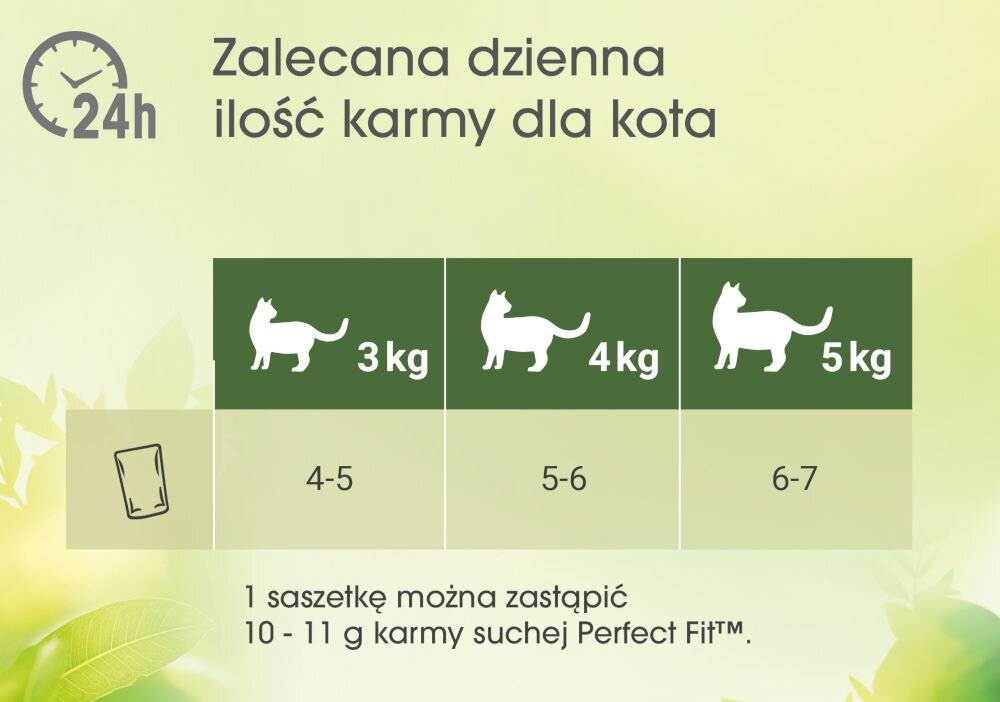 Karma dla kota PERFECT FIT Adult 1+ Ryba oceaniczna z łososiem (6 x 50 g) Tabela przedstawiająca Zalecana dzienna ilość karmy dla kota mokrej (w saszetkach). Nagłówek jest oznaczony ikoną zegara 24h. Tabela pokazuje dawkę karmy na podstawie masy ciała kota: 3 kg: 4-5 saszetek/porcji 4 kg: 5-6 saszetek/porcji 5 kg: 6-7 saszetek/porcji Na dole widoczna jest dodatkowa informacja: 1 saszetkę można zastąpić 10 - 11 g karmy suchej Perfect Fit™