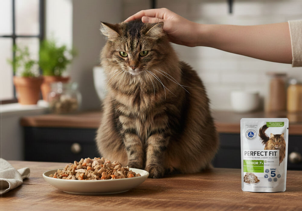 Karma dla kota PERFECT FIT Senior 7 + Indyk z marchewką 85 g Zdjęcie w kuchni. Duży, długowłosy, brązowo-pasiasty kot (prawdopodobnie Maine Coon lub kot syberyjski) siedzi na drewnianym blacie. Ręka głaszcze kota po głowie. Przed kotem znajduje się biały talerz z karmą mokrą dla kotów (kawałki w sosie/galarecie) oraz opakowanie karmy Perfect Fit Senior 7+.