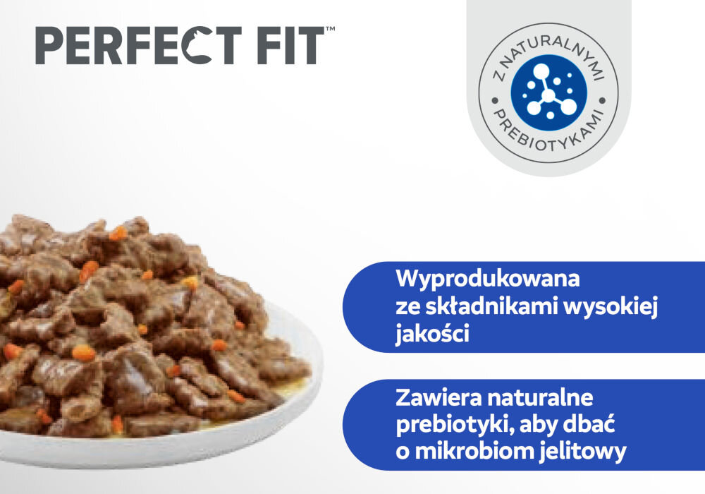 Karma dla kota PERFECT FIT Senior 7 + Indyk z marchewką 85 g Grafika promocyjna karmy Perfect Fit. Po lewej stronie widoczne jest zbliżenie na kawałki karmy mokrej w sosie. Po prawej, na tle koloru niebieskiego, znajdują się punkty: Wyprodukowana ze składnikami wysokiej jakości oraz Zawiera naturalne prebiotyki, aby dbać o mikrobiom jelitowy. W prawym górnym rogu znajduje się okrągła pieczątka: Z NATURALNYMI PREBIOTYKAMI