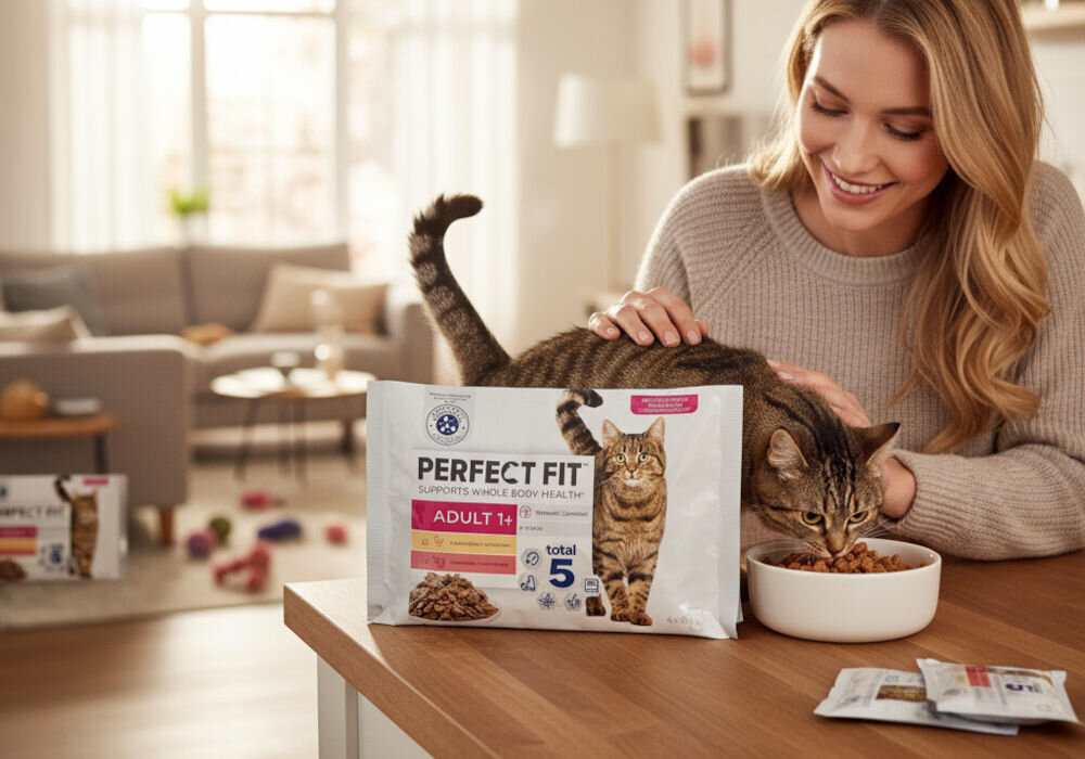 Karma dla kota PERFECT FIT Adult 1+ Kurczak z wołowiną w sosie 4 x 85 g Uśmiechnięta kobieta w jasnym swetrze głaszcze pręgowanego kota, który je suchą karmę z białej miski na drewnianym stole. Na pierwszym planie stoi duże opakowanie karmy dla kotów Perfect Fit Adult 1+. W tle widoczny jest jasny salon z kanapą i dywanem.