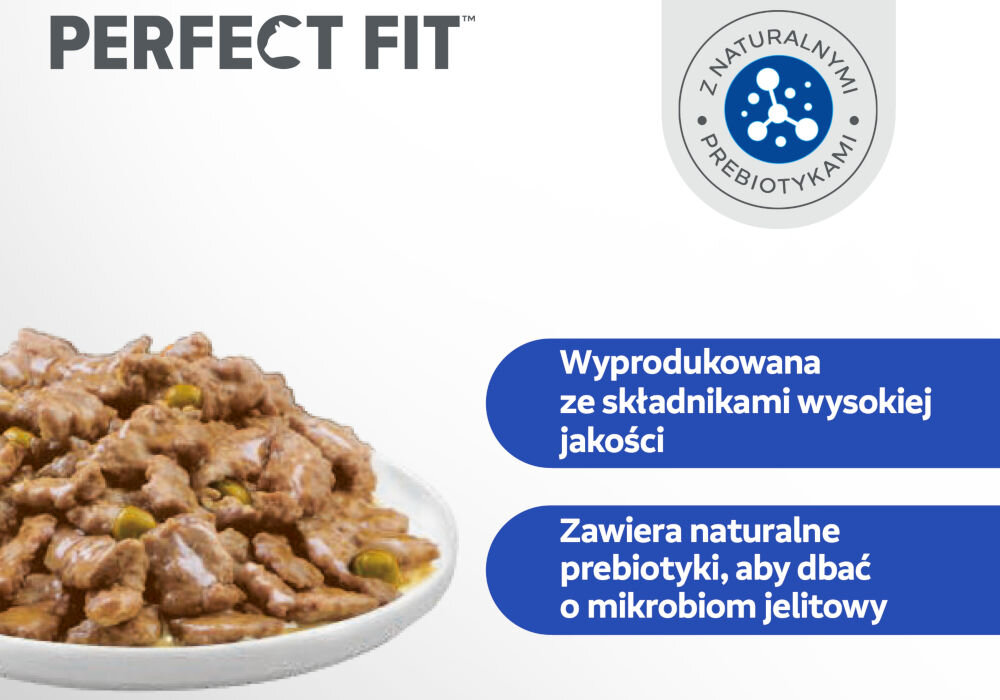 Karma dla kota PERFECT FIT Adult 1+ Kurczak z wołowiną w sosie 4 x 85 g Grafika promocyjna karmy Perfect Fit. Po lewej stronie widoczne jest zbliżenie na kawałki karmy mokrej w sosie. Po prawej, na tle koloru niebieskiego, znajdują się punkty: Wyprodukowana ze składnikami wysokiej jakości oraz Zawiera naturalne prebiotyki, aby dbać o mikrobiom jelitowy. W prawym górnym rogu znajduje się okrągła pieczątka: Z NATURALNYMI PREBIOTYKAMI