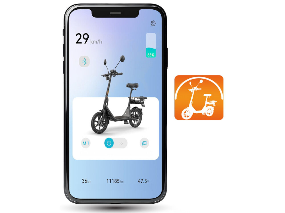 Skuter elektryczny MANTA Flinston MES1402J 45km 14 cali Czarny telefon z włączoną aplikacją na białym tle obok w pomarańczowym kwadracie ikona skutera moduł Bluetooth aplikacja mobilna Flinston Go monitorowanie kluczowych parametrów personalizacja ustawień jazdy