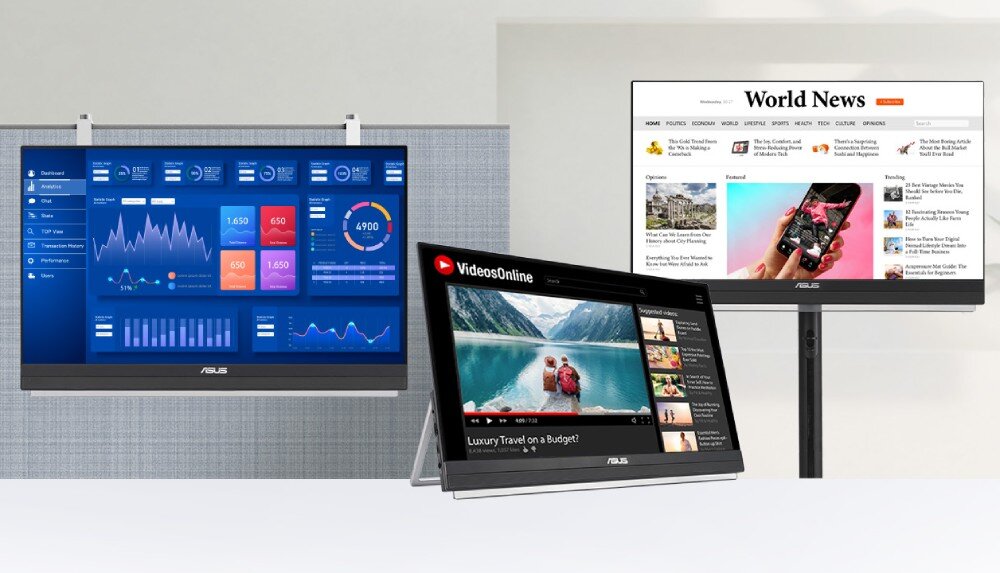 Monitor ASUS ZenScreen MB229CF Monitor zawieszony na ściance działowej, drugi ustawiony na biurku pod kątem, trzeci zamocowany na ramieniu – każdy z nich wyświetla inny typ treści: dashboard, portal informacyjny i odtwarzacz wideo, opis