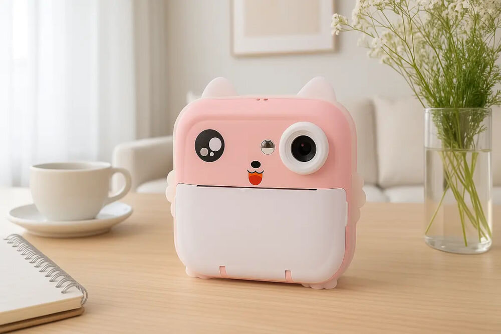 Drukarka EXTRALINK EPP-003 Złącze USB Różowy drukarka na stoliku w jasnym pokoju osobiste centrum kreatywności aparat kamera drukarka termiczna czarno-białe wydruki w zestawie trzy rolki papieru