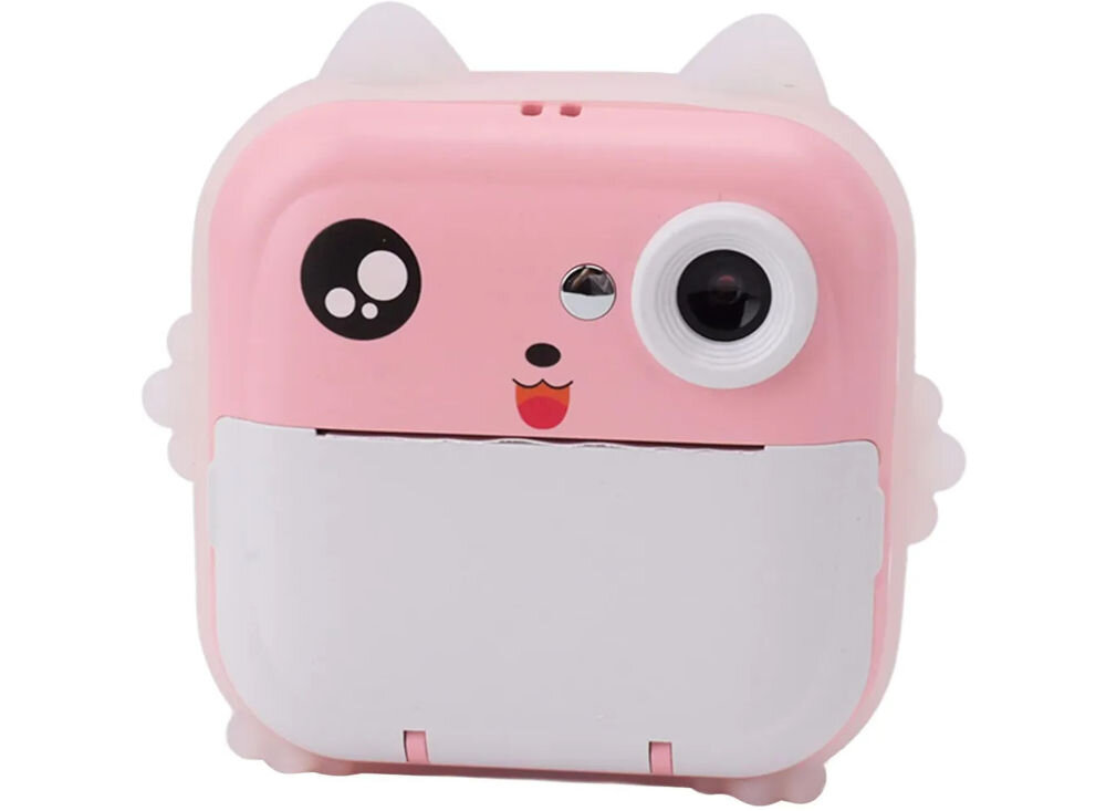 Drukarka EXTRALINK EPP-003 Złącze USB Różowy Przód aparatu natychmiastowego z zamkniętą klapką papieru, na białym tle druk termiczny czarno-biały obraz