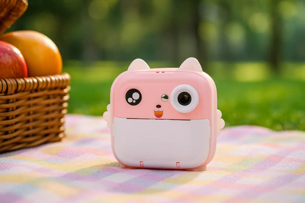 Drukarka EXTRALINK EPP-003 Złącze USB Różowy aparat-drukarka na kocyku podczas pikniku w parku Bluetooth swoboda szybkie parowanie iOS Android drukowanie zdjęć z telefonu