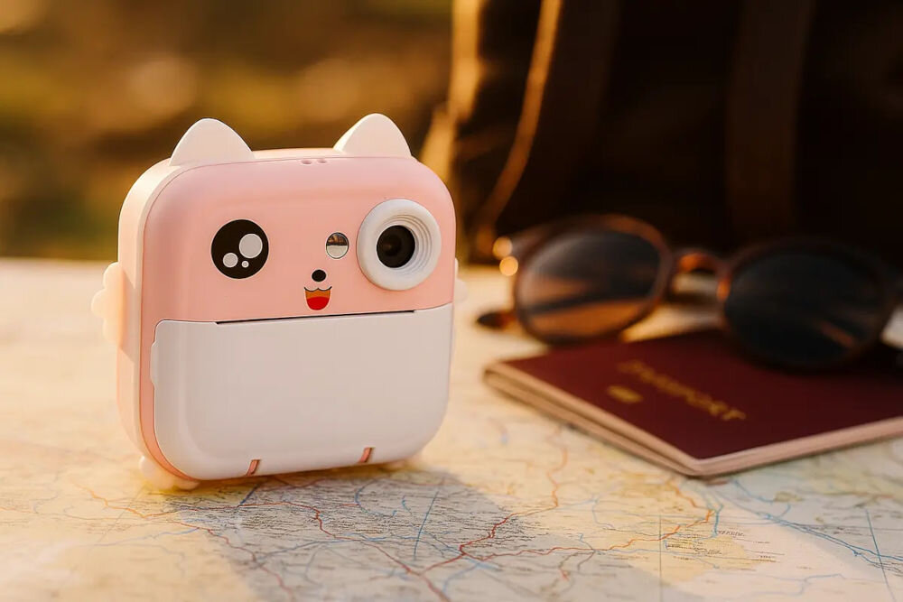 Drukarka EXTRALINK EPP-003 Złącze USB Różowy drukarka na mapie obok paszport okulary i plecak mobilność waga lekka budowa przenośny punkt drukowania druk w dowolnym miejscu i czasie dzielenie się wspomnieniami