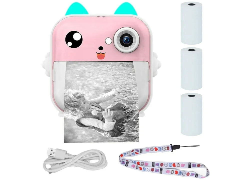 Drukarka EXTRALINK EPP-003 Złącze USB Różowy aparat natychmiastowy w kształcie kotka, drukujący czarno-białe zdjęcie, obok trzy rolki papieru termicznego, kabel i smycz rozdzielczość prędkość druku tworzenie etykiet technologia termiczna nie generuje hałasu
