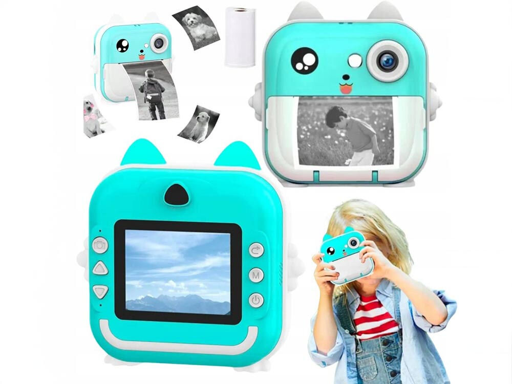 Drukarka EXTRALINK EPP-004 Złącze USB Niebieski Kolaż zdjęć prezentujący aparat natychmiastowy: widok z przodu, z tyłu (z ekranem LCD), drukujący zdjęcie oraz dziecko trzymające aparat osobiste centrum kreatywności aparat kamera drukarka termiczna czarno-białe wydruki w zestawie trzy rolki papieru