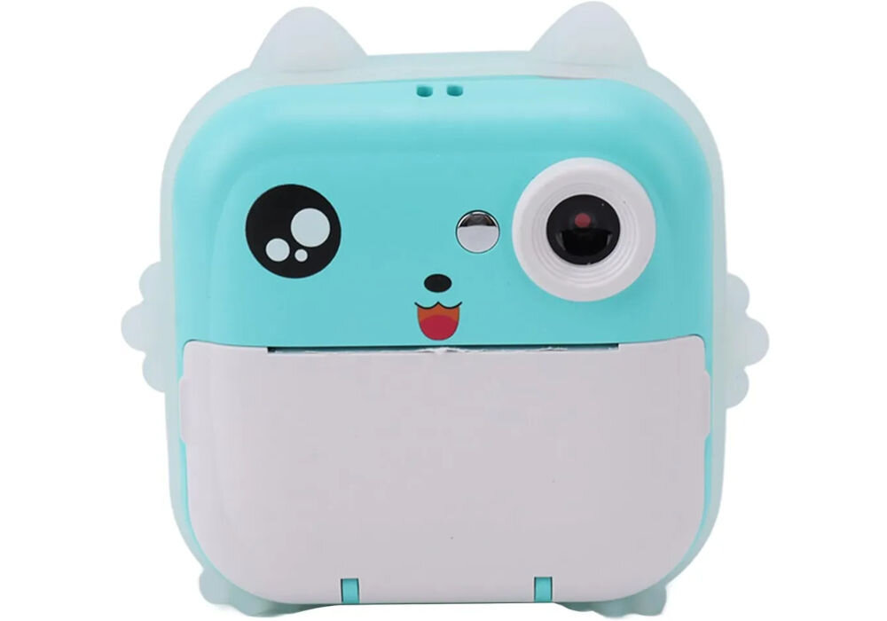 Drukarka EXTRALINK EPP-004 Złącze USB Niebieski Przód aparatu natychmiastowego z zamkniętą klapką papieru, na białym tle druk termiczny czarno-biały obraz