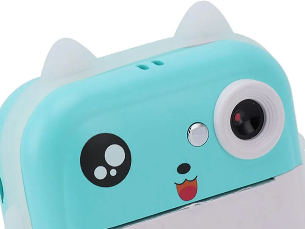 Drukarka EXTRALINK EPP-004 Złącze USB Niebieski Zbliżenie na obiektyw i przód aparatu natychmiastowego z namalowaną buźką pomoc w organizacji i nauce personalizowane etykiety na słoiki utrzymanie porządku personalizacja prezentów kreatywne działanie