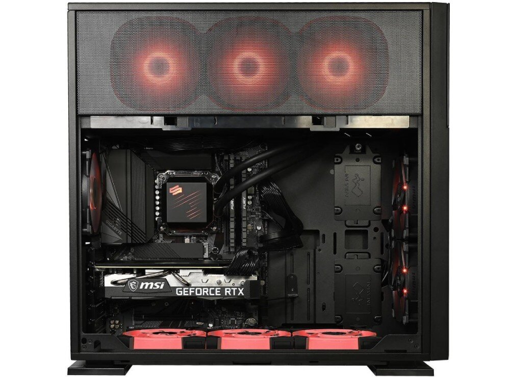 Komputer NTT HIRO Wingman ZKG-I9RTX40608G-TE24 Widok z boku otwartej obudowy komputera. Wyraźnie widoczne jest wnętrze urządzenia z komponentami, w tym karta graficzna GeForce RTX, chłodzenie cieczą oraz kilka wentylatorów z czerwonym podświetleniem, przeznaczenie pamięć dysk pojemność szybkość