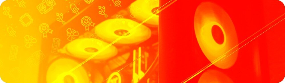 Komputer NTT HIRO Wingman ZKG-I9RTX40608G-TE24 Zdjęcie w intensywnych odcieniach czerwieni i pomarańczu przedstawiające zbliżenie na wentylatory komputera, podzespoły marki jakość