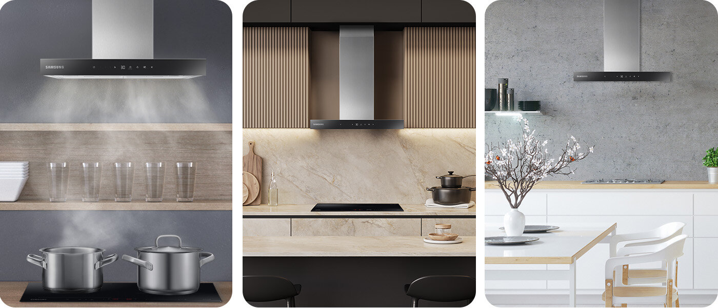 Okap Samsung NK24C5703TS - trzy wizualizacje Okap kominowy Samsung NK24C5703TS w 3 gustownych odłsonach