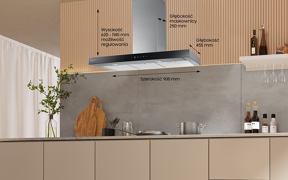 Precyzyjne wymiary okapu kominowego Samsung NK36C5703TS - rysunek techniczny