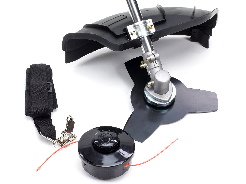 Kosa spalinowa NAC BP254-07-V 0.75kW 5.5kg Żyłka + tarcza tnąca tarcza tnaca z trzema ostrzami z wysokiej jakosci stali szerokosc robocza 25,5 cm glowica z zylka tnaca o srednicy 2,4 mm podawana automatycznie szerokosc robocza 42 cm