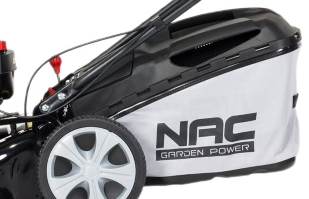 Kosiarka spalinowa z napędem NAC LS50-196-HSD-NG 510mm 3.6kW zbliżenie na kosz widok z boku siatkowy kosz o pojemności 60 l wskaźnik napełnienia można uniknąć przepełnienia i przerw w pracy pełna kontrola nad procesem koszenia