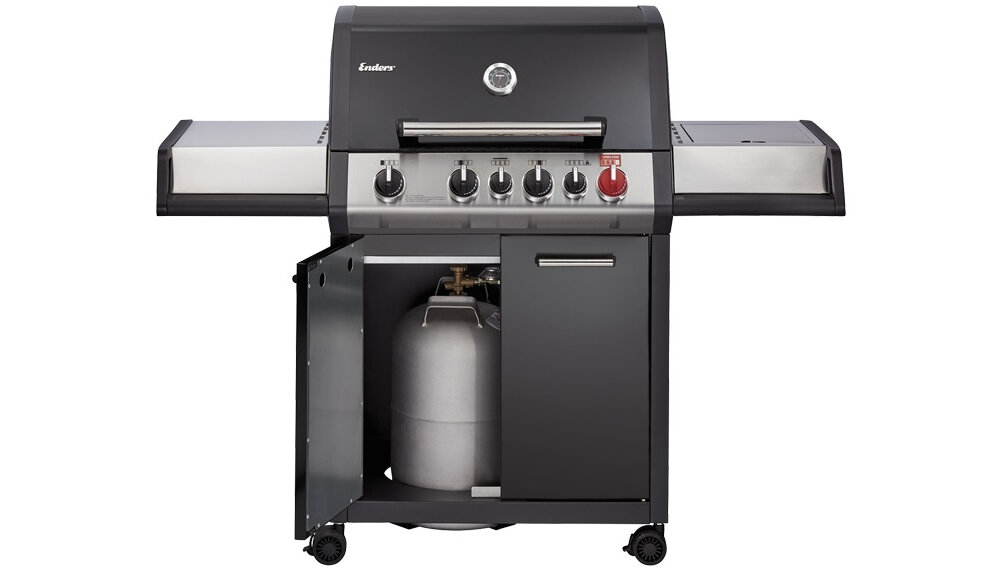 Grill gazowy ENDERS Monroe Black Pro 4 IK Turbo 837033 bezbateryjny zaplon piezoelektryczny przcisk sterujacy bezpieczne niezawodne rozpalenie plomienia oslony ze stali nierdzewnej szafka dolna butla z gazem o pojemnosci 11 kg