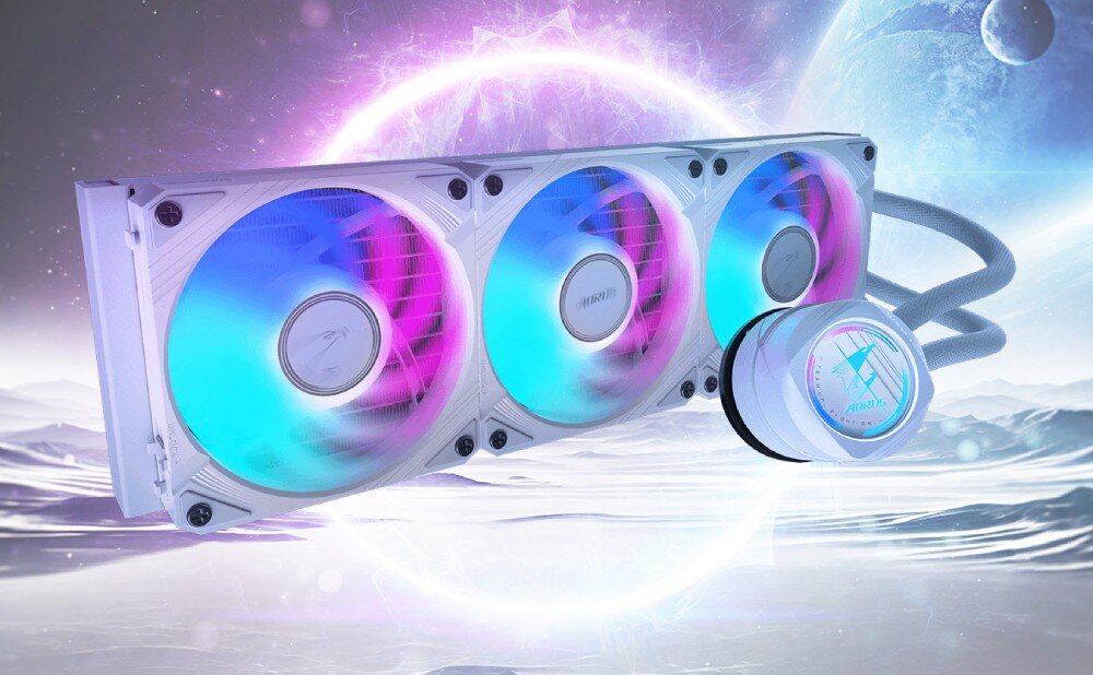 Chłodzenie wodne GIGABYTE Aorus WaterForce II 360 ICE Trzy wentylatory z podświetleniem ARGB zamontowane na chłodnicy cieczowej, na tle kolorowej eksplozji świetlnej w odcieniach fioletu i niebieskiego, po prawej stronie widoczny blok wodny z podświetlonym logo, opis