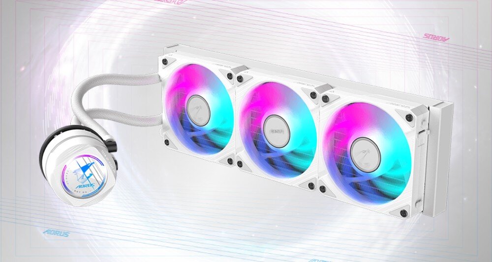 Chłodzenie wodne GIGABYTE Aorus WaterForce II 360 ICE Chłodnica cieczowa z trzema wentylatorami ARGB i podświetlonym blokiem wodnym na ciemnym tle z jasnym światłem w górnej części obrazu, przeznaczenie, wygląd, cechy, zalety