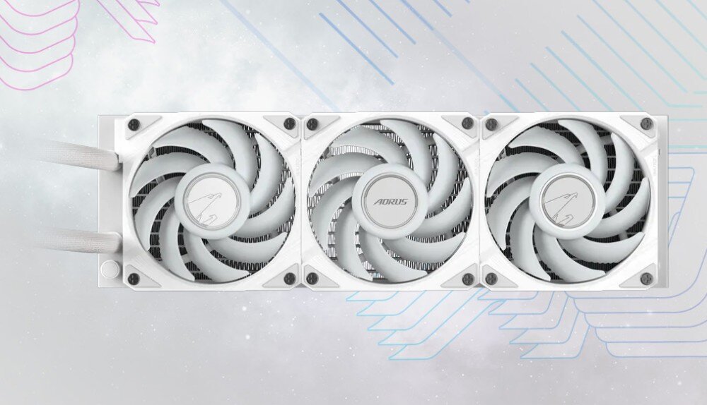 Chłodzenie wodne GIGABYTE Aorus WaterForce II 360 ICE Pojedynczy wentylator komputerowy z łopatkami w kolorze białym i obudową w kolorze czarnym, widoczny mechanizm blokujący z oznaczeniem 'UNLOCK', tło w odcieniach fioletu i szarości, montaż, podłączenie