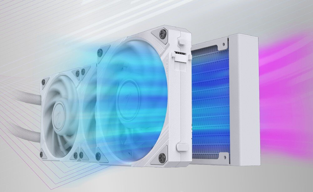 Chłodzenie wodne GIGABYTE Aorus WaterForce II 360 ICE Zbliżenie na trzy białe wentylatory zamontowane na radiatorze chłodzenia cieczowego, na szarym tle z gradientowym światłem w kolorach niebieskim i fioletowym, wentylatory, prędkość, głośność