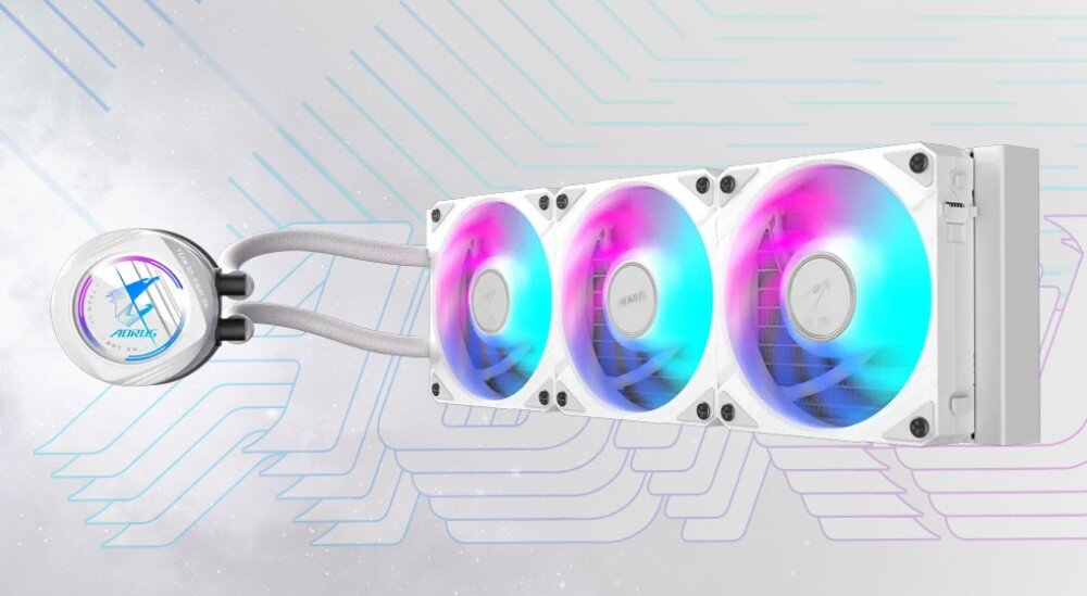 Chłodzenie wodne GIGABYTE Aorus WaterForce II 360 ICE Trzy kolorowo podświetlone wentylatory na czarnym radiatorze, po prawej stronie czarny blok wodny z podświetlonym logotypem, tło w odcieniach szarości, podświetlenie, kolory, efekty, synchronizacja