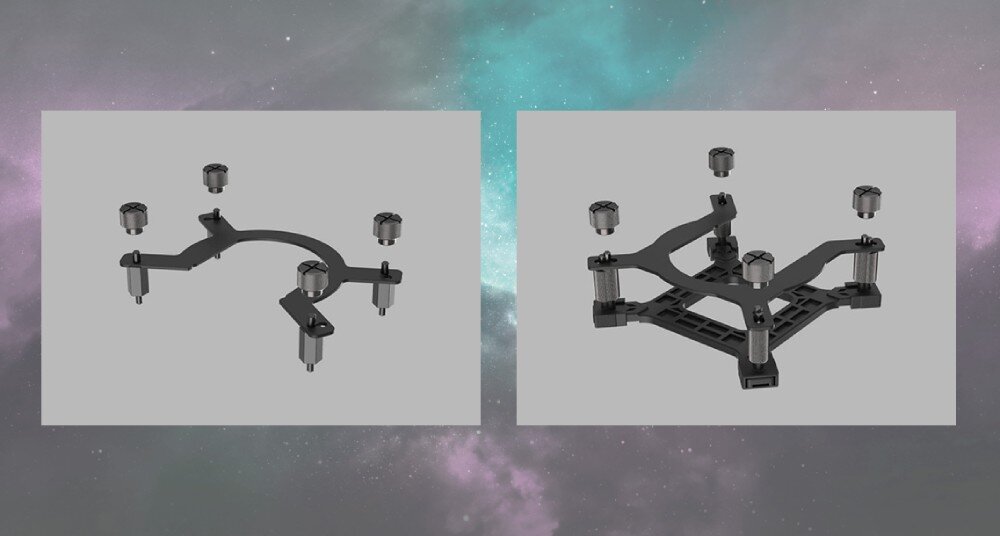 Chłodzenie wodne GIGABYTE Aorus WaterForce II 360 ICE Dwa zestawy metalowych uchwytów i śrub montażowych przedstawione na czarnym tle, po lewej stronie widoczny system montażu okrągły, po prawej bardziej rozbudowana konstrukcja prostokątna, kompatybilność, gniazda, Intel, AMD