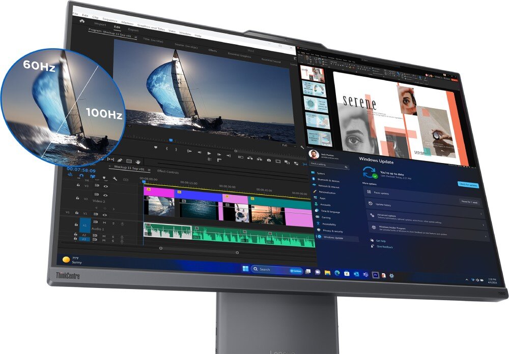 Monitor komputera wyświetla program do edycji wideo z widocznymi klipami i osiami czasu. Na ekranie znajduje się również okno aktualizacji systemu Windows oraz grafika z napisem \'serene\'.