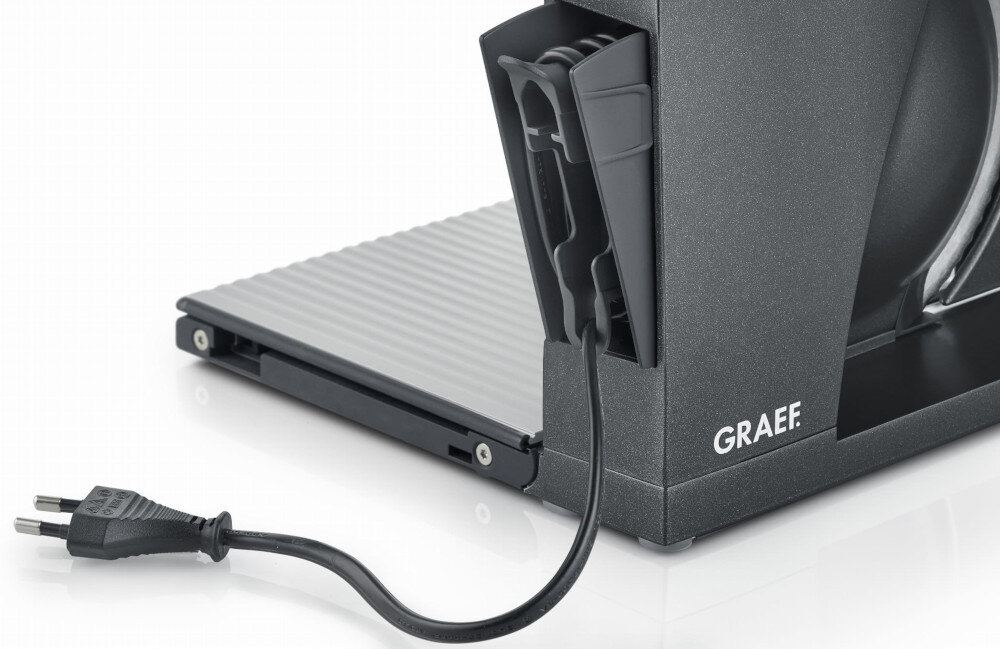 Krajalnica GRAEF Foldable MYtiny MT1006 Bezpieczeństwo użytkowania blokady zabezpieczenie przed przypadkowym uruchomieniem Schowek na kabel ułatwienie przechowywanie