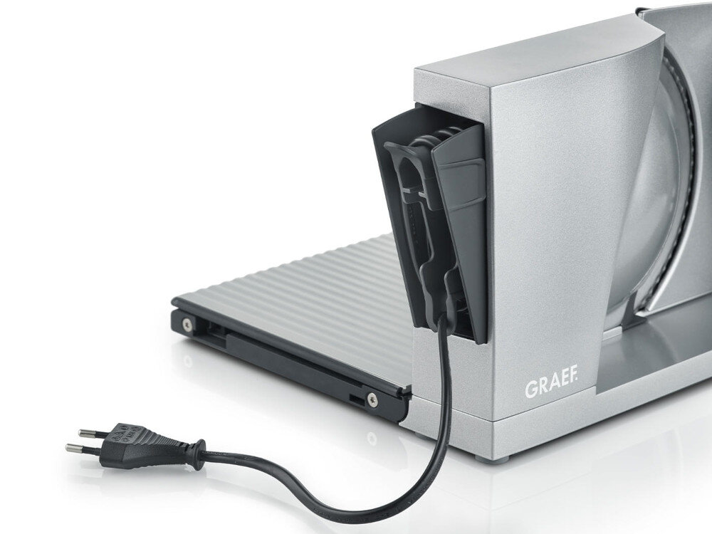 Krajalnica GRAEF Foldable MYtiny MT1000 Bezpieczeństwo użytkowania blokady zabezpieczenie przed przypadkowym uruchomieniem Schowek na kabel ułatwienie przechowywanie