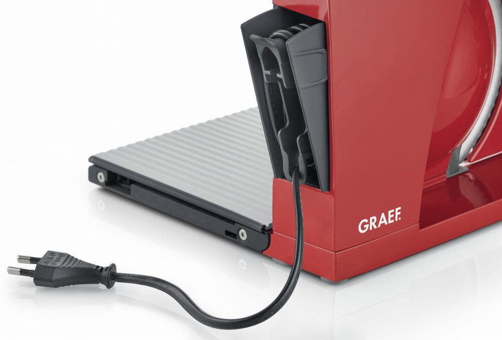 Krajalnica GRAEF Foldable MYtiny MT1003 Bezpieczeństwo użytkowania blokady zabezpieczenie przed przypadkowym uruchomieniem Schowek na kabel ułatwienie przechowywanie