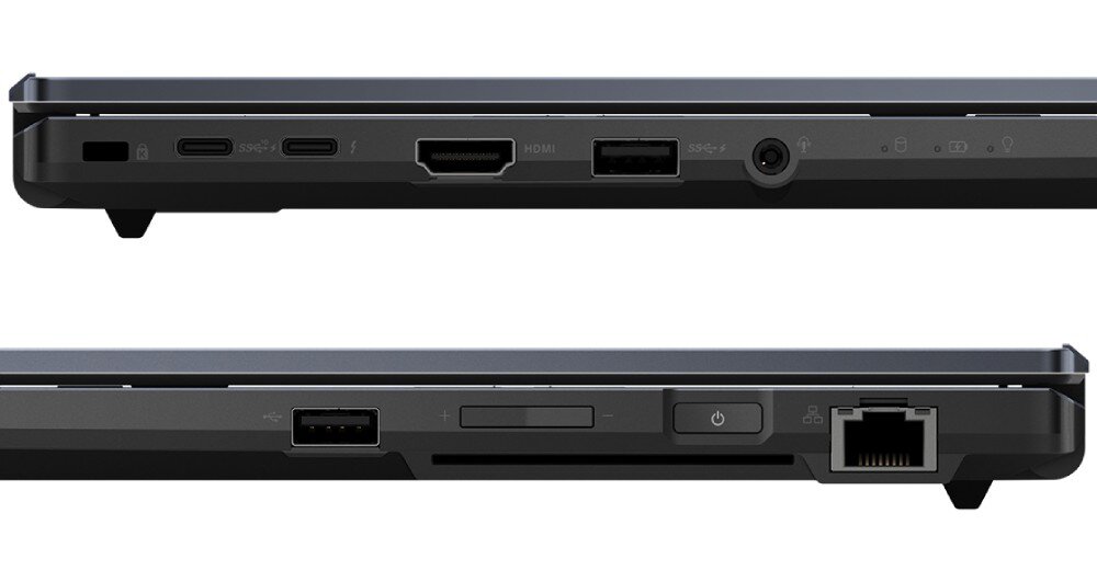 Laptop ASUS ExpertBook B2502CBA-BQ0332X Widok na porty po obu stronach laptopa na białym tle. Widać m.in. porty USB, HDMI, złącza, porty, podłączenie