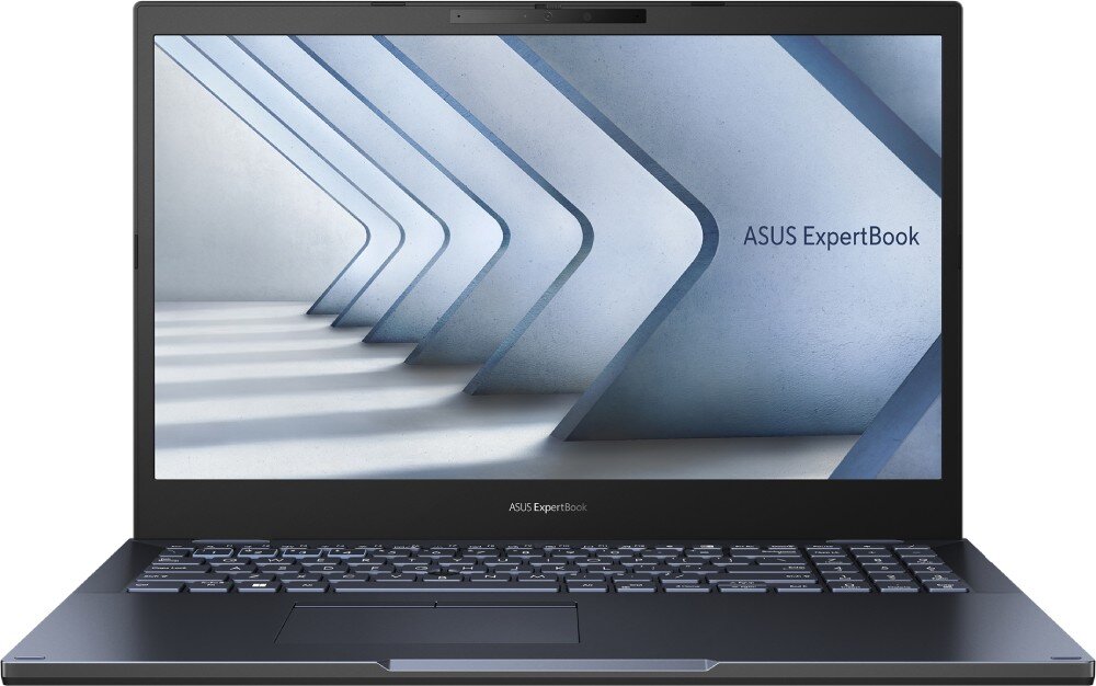 Laptop ASUS ExpertBook B2502CBA-BQ0332X Laptop otwarty w pozycji frontowej, ekran wyświetla grafikę z logo serii, wyświetlacz, rozdzielczość, przekątna, jasność, kontrast