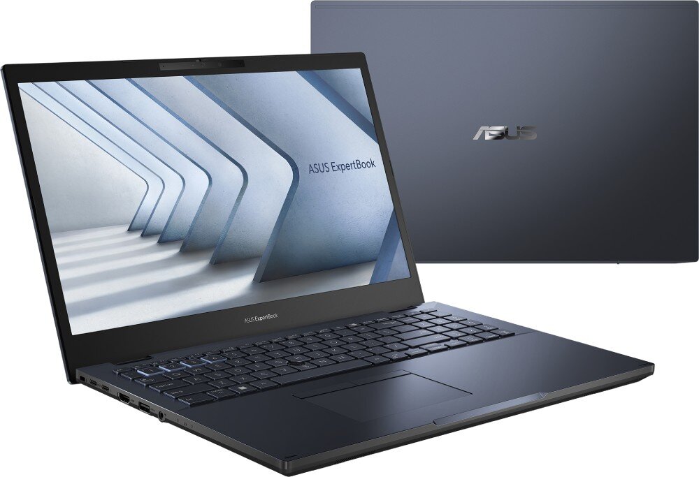 Laptop ASUS ExpertBook B2502CBA-BQ0332X Laptop otwarty w różnych pozycjach – jedno urządzenie w pełnym widoku, drugie w widoku zamkniętym, zabezpieczenia, czytnik linii papilarnych, moduł TPM 2.0