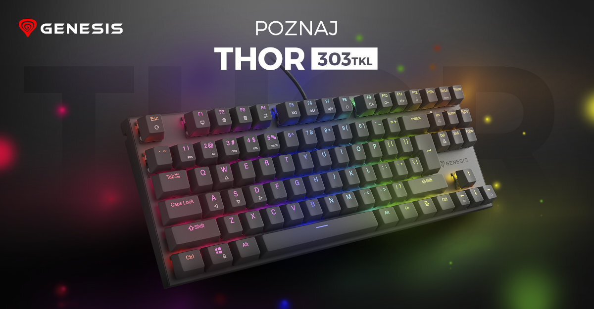 GENESIS Thor 303 TKL Mechaniczna klawiatura Hot Swap 50 milionów kliknięć przełączniki aluminiowa obudowa podświetlenie RGB z efektem PRISMO - klawiatura pod kątem na ciemnym tle