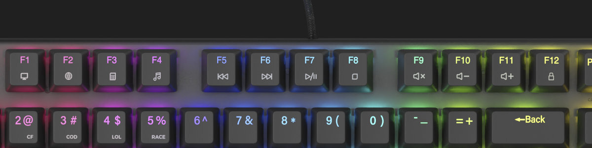 GENESIS Thor 303 TKL Klawisze F1–F12 aplikacjami i multimediami zmienisz utwory i głośność przeglądarkę, kalkulator - kalwisze funkcyjne