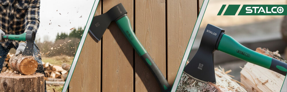 Siekiera STALCO S-19424 0.6 kg kolaż zdjęć siekiera w trzech ujęciach osoba tnie kłodę drewna siekiera leży na drewnianej podłodze siekiera leży na kłodach drewna skuteczne cięcie drewna do ogrodu do prac wokół domu