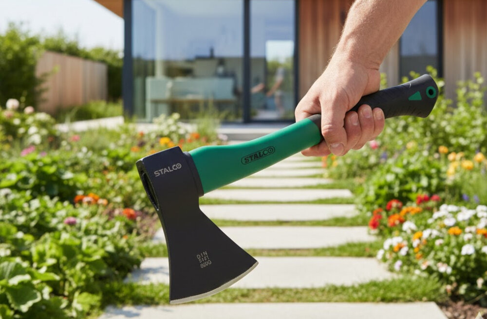 Siekiera STALCO S-19424 0.6 kg ogród osoba trzyma siekierę w dłoni w tle dom z dużym oknem ogród trzonek wykonany z włókna szklanego (fiberglass) odporny na wilgoć i zmienne warunki atmosferyczne stabilne osadzenie obucha zwiększa bezpieczeństwo