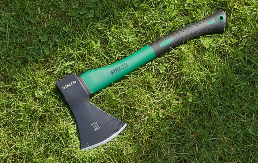 Siekiera STALCO S-19424 0.6 kg trawnik siekiera leży na trawie wymiary 368 × 163 × 40 mm poręczne i łatwe w przechowywaniu waga około 600 g praktyczne wsparcie w codziennych obowiązkach