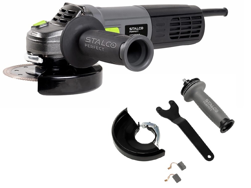 Szlifierka kątowa STALCO Perfect AG125QVS S-98202 zestaw na białym tle w zestawie szlifierka dodatkowy uchwyt osłona klucz kołnierz wewnętrzny i zewnętrzny komplet szczotek dokumentacja