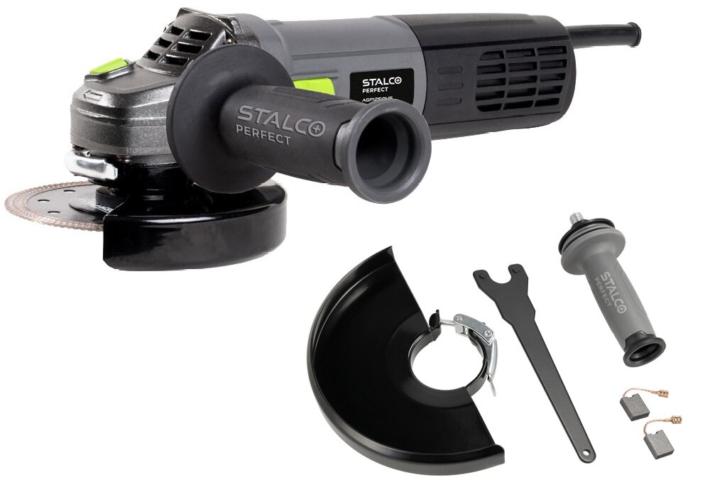 Szlifierka kątowa STALCO Perfect AG230Q S-98210 zestaw na białym tle w zestawie szlifierka dodatkowy uchwyt osłona klucz kołnierz wewnętrzny i zewnętrzny komplet szczotek dokumentacja