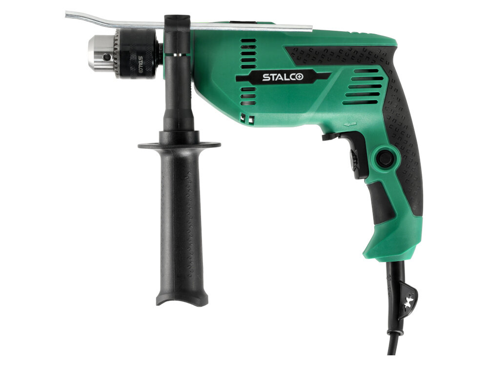 Wiertarka udarowa STALCO IDS13VS wiertarka na białym tle widoczna z boku do wiercenia w drewnie stali i betonie moc 600 W funkcja udaru otwory w twardych materiałach o średnicy do 13 mm niewielka budowa niska waga